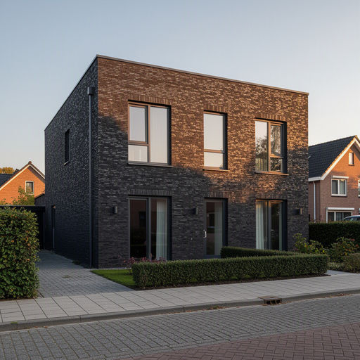 vrijstaande woning in Enschede met antraciet grijze kunststof kozijnen en donkere klinkergevel
