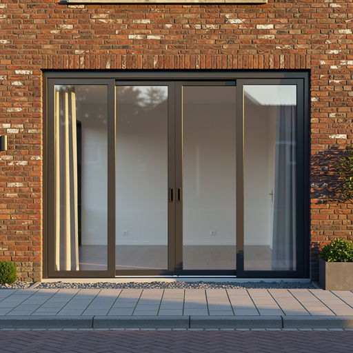 Moderne gevel met vierdelige antraciet kunststof schuifpui in zonlicht.