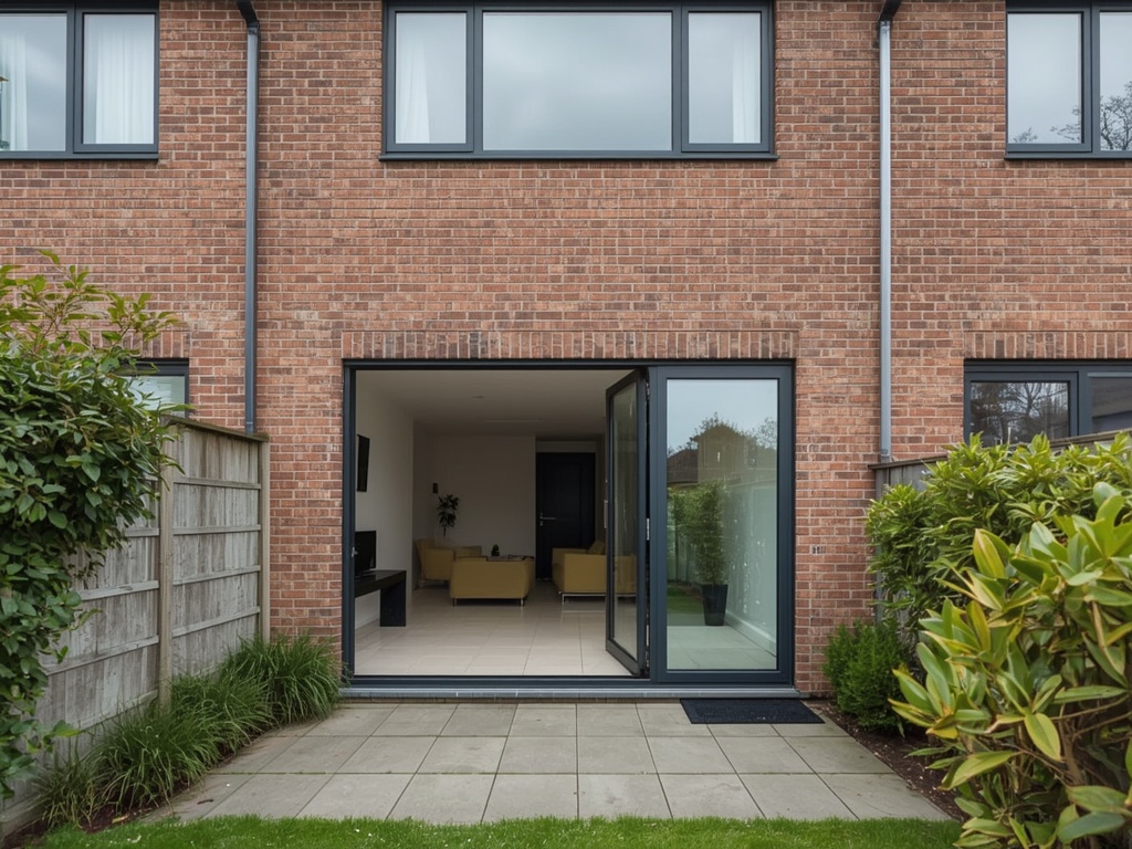 Antraciet kunststof achterdeur open naar een verzorgde tuin en terras.