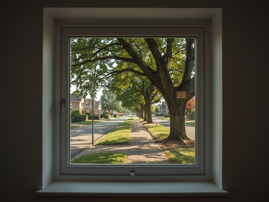 blik vanuit woonkamer in Enschede door wit kunststof raamkozijn naar groene straat met eikenbomen